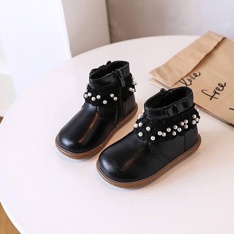 2024新款女童珍珠蕾丝公主鞋宝宝软底学步鞋加绒保暖小童二棉鞋