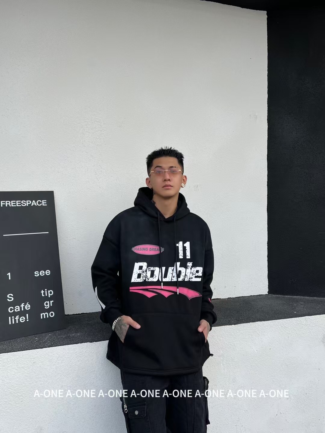 潮牌美式加绒洗水做旧复古做旧宽松连帽卫衣撞色欧美风