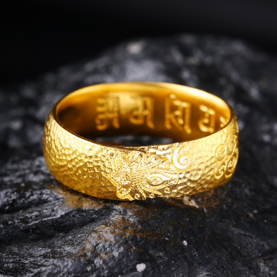 足金999活口可调节传承古法工艺男女同款锤纹雕刻福螺黄金戒指
