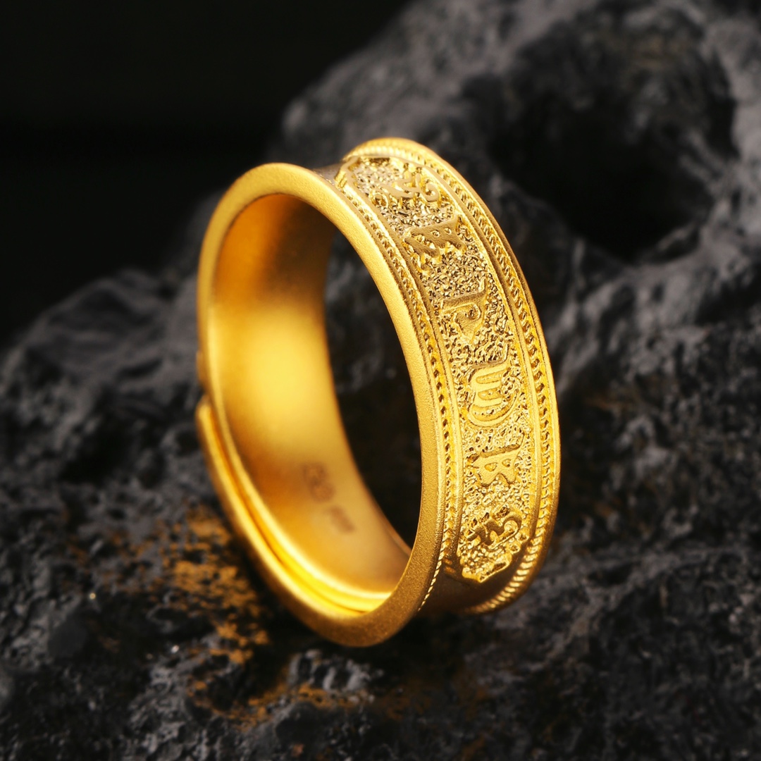 足金999传承古法精品工艺号活口可调节珐琅彩六字箴言款黄金戒指，