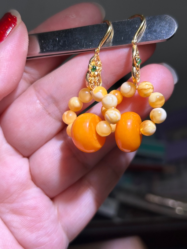 时尚鸡油黄复古耳圈民族风气质百搭耳环黄色珠珠