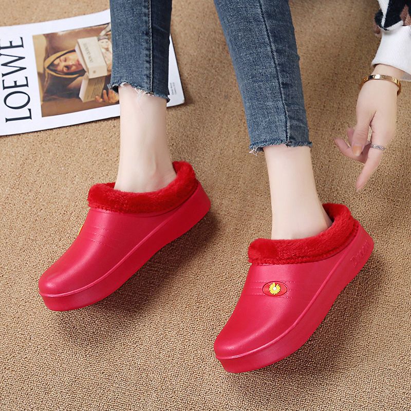 冬季室内防水加绒保暖棉拖鞋轻底月子鞋舒适平跟防滑半包跟居家鞋