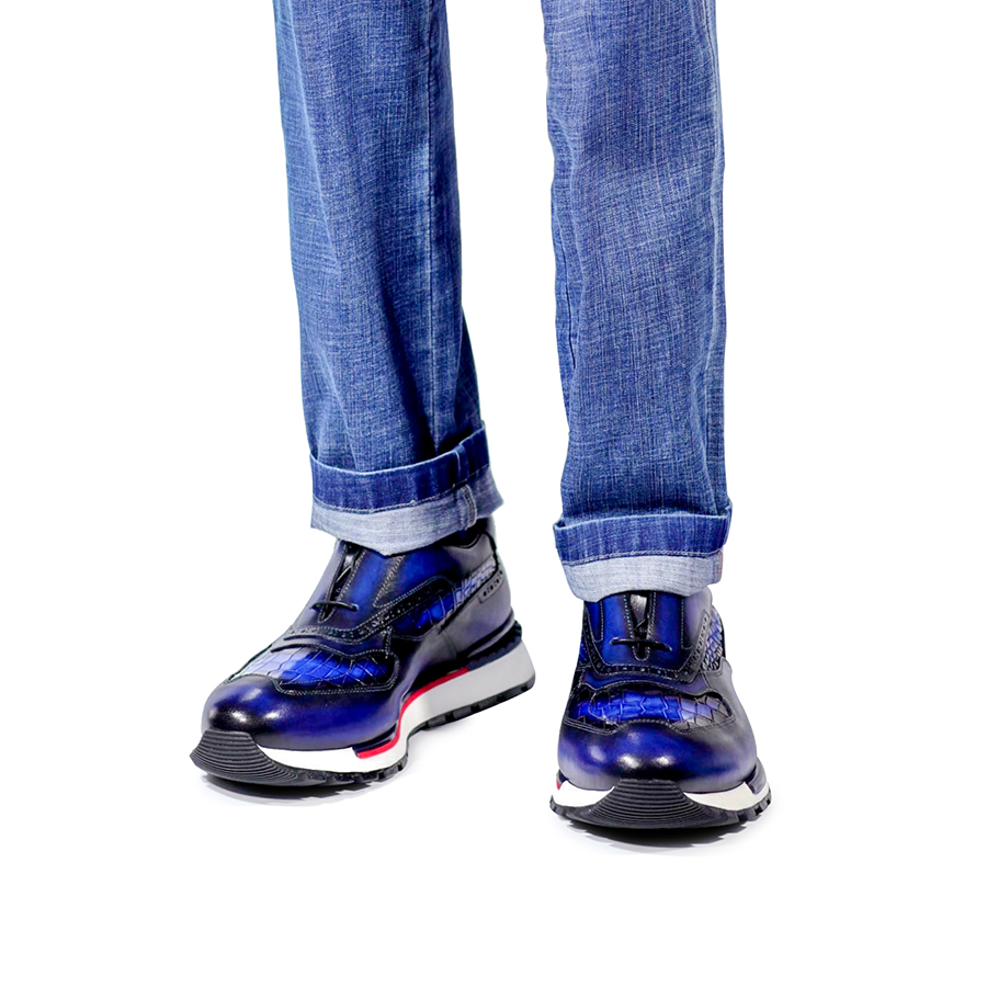 男士运动休闲鞋英伦风头层牛皮拼接尼罗鳄鱼皮手工擦色真皮皮鞋