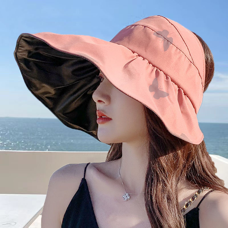 夏季新款黑胶空顶帽大檐防休闲帽透气便携可折叠扎马尾帽