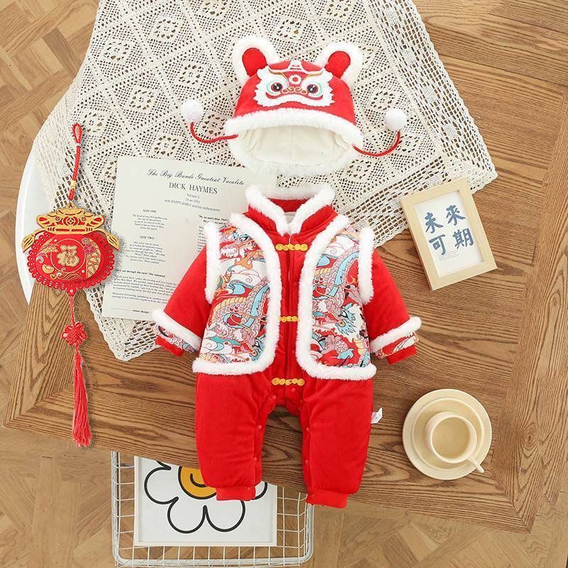 新款推荐男女宝宝周岁喜庆拜年服婴儿冬季连体衣中国风过年加绒爬