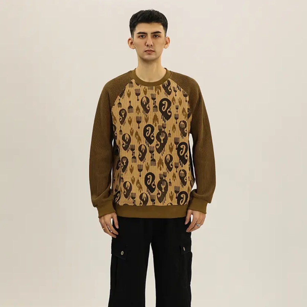 BH-BLACK新疆民族风艾德莱斯花纹毛织插肩卫衣男女同款圆领衫上衣