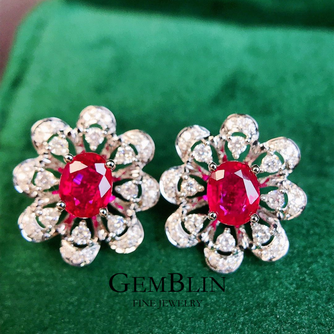 红宝石耳饰/0.91ct天然红宝石18K金钻石附证#X1
