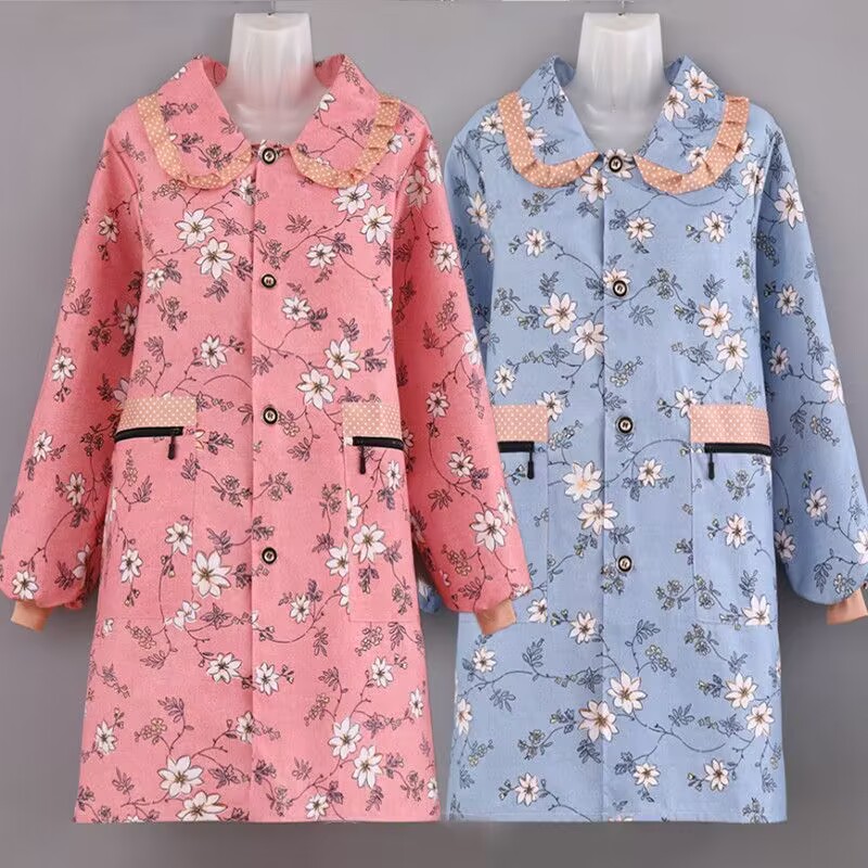 新款娃娃领拉链口袋纽扣棉正穿衣长袖围裙罩衣女外穿围裙家用厨房