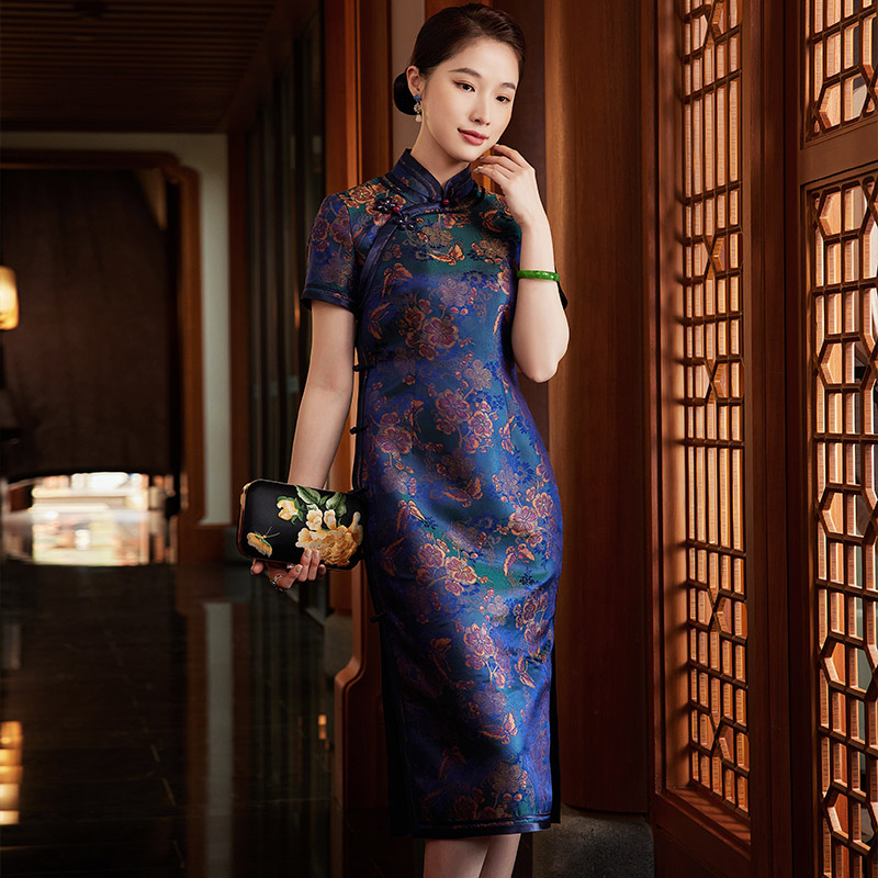桑蚕丝高端大气高品质气质国风正宗中国风宋锦婚宴蓝色旗袍W23068