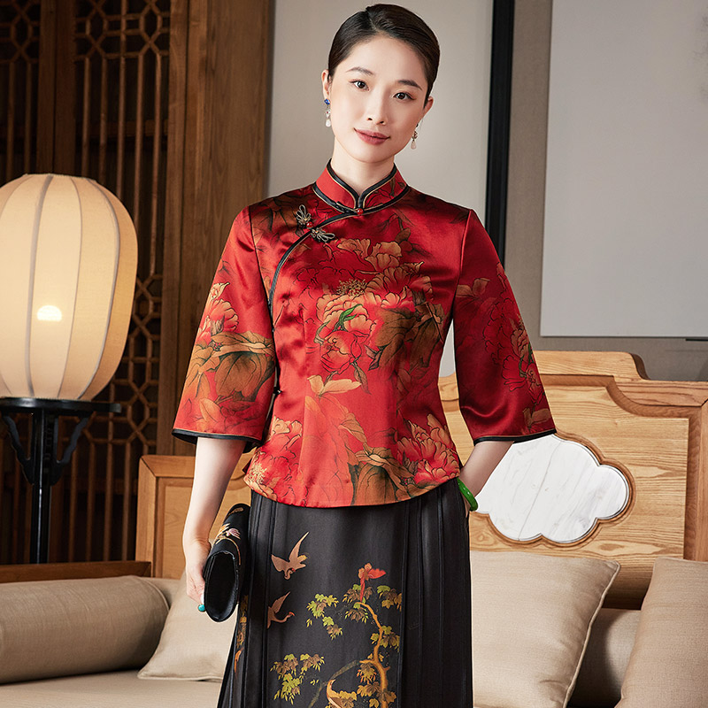 玺玥【笑靥如花】桑蚕丝重缎香云纱国风气质红色喜庆京派上衣W23062