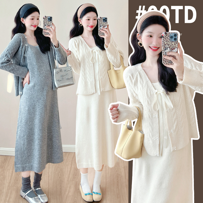 孕妇新款2024秋装针织开衫蝴蝶结两件套装懒风吊带裙甜美保暖冬季