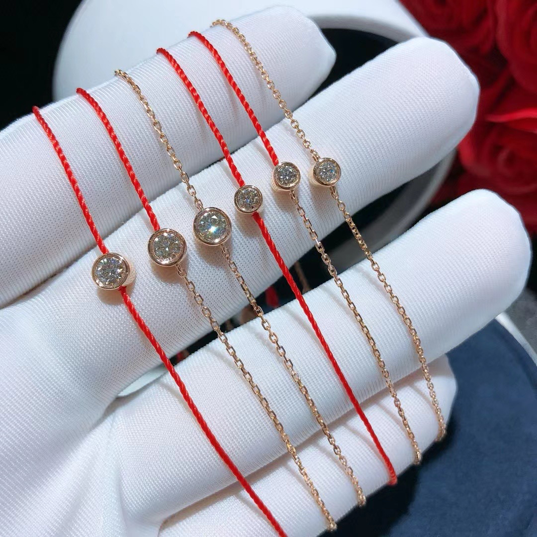 通体18K金天然钻石红绳手链/玫瑰金/浅金黄色/卡链送礼必法国红绳