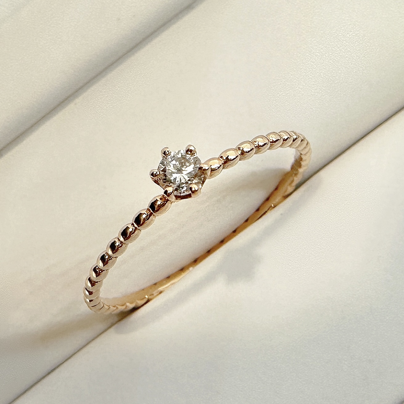 18K金10分天然钻石珠珠戒指独钻实心真金/玫瑰金色/单戴叠戴百搭