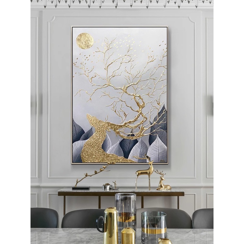 手绘油画福鹿现代轻奢高档装饰画客厅落地画入户玄关走廊过道挂画