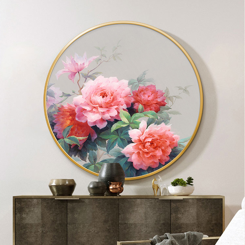 【花开富贵】手绘油画新中式圆形牡丹花入户进门玄关装饰画客厅挂画