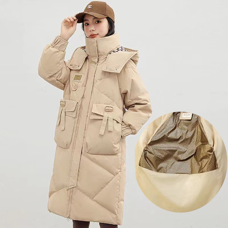 加厚保暖休闲百搭大码长款棉服女帽子可拆