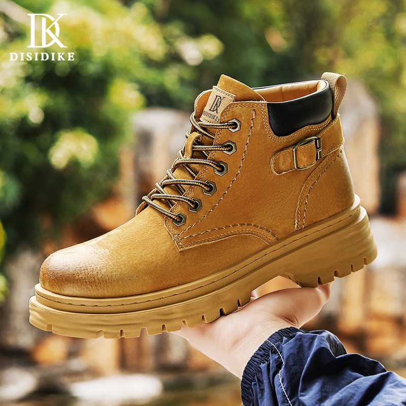 复古工装马丁靴男款2024新款真皮中帮男鞋秋冬黑色皮鞋高帮工装靴