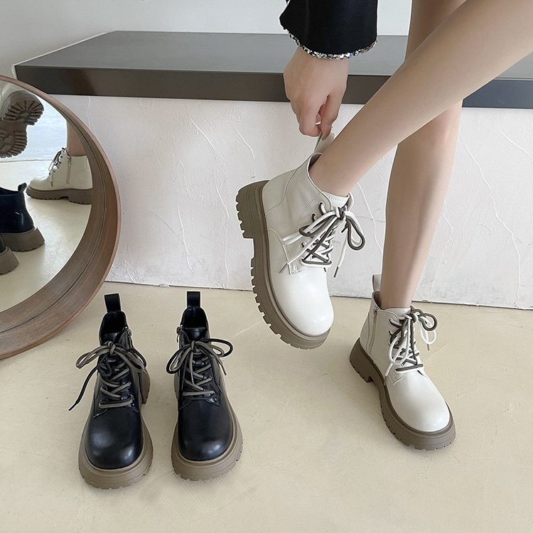 品牌断码剪标加绒内增高圆头系带百搭厚底马丁靴女秋冬新款英伦风