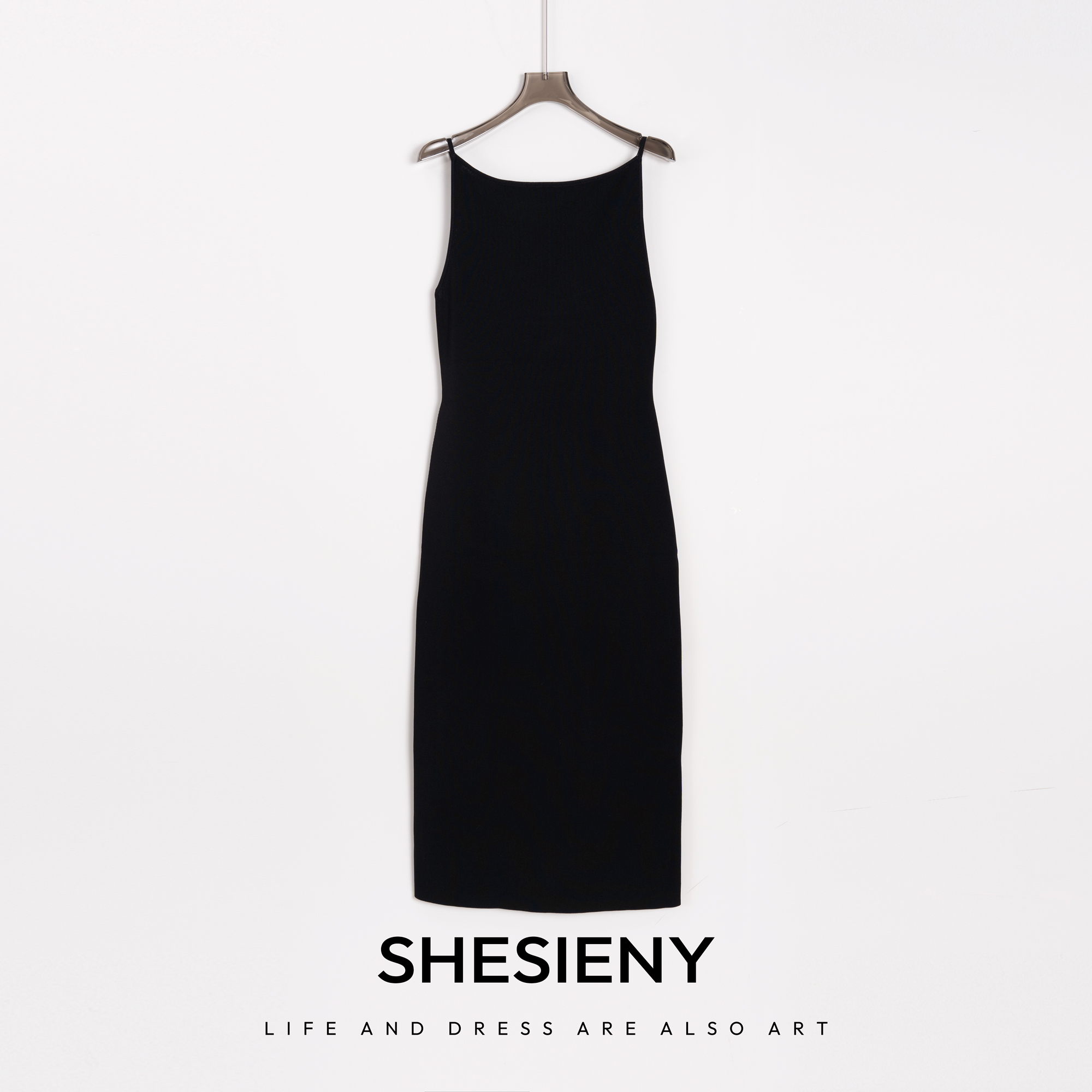 SHESIENY｜西藜 一字肩吊带针织连衣裙气质女装开衩连衣裙 24SL046