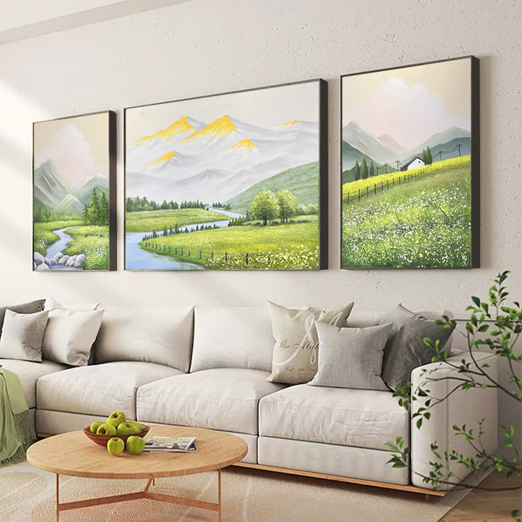 《绿水青山》纯手绘油画现代简约客厅沙发背景墙装饰画风景三联画