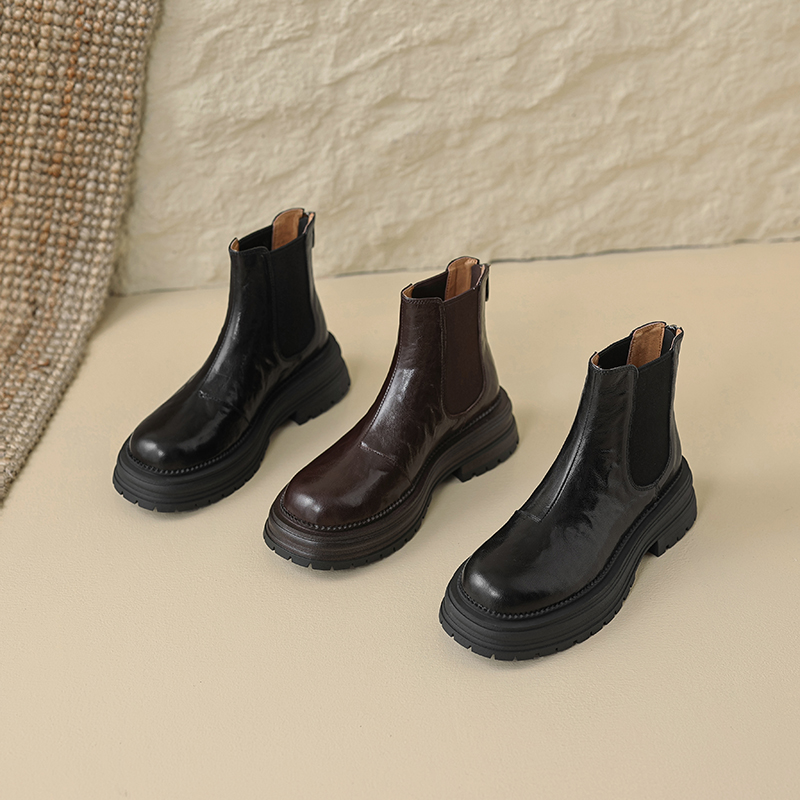 手抓纹羊皮复古短靴圆头厚底切尔西靴
