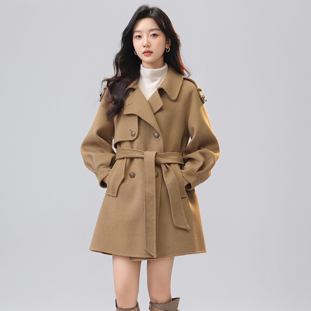 小蜜蜂驼色双面毛呢大衣女25新款韩版宽松小个子短款中长款外套