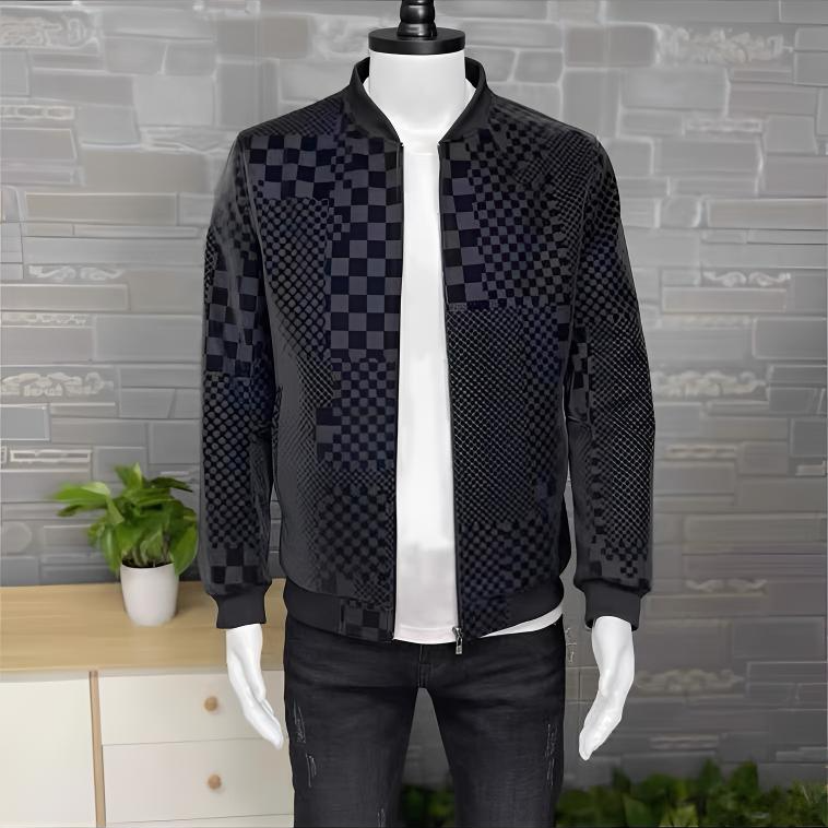 男士百搭棒球服绵羊皮真皮皮衣大码棋盘格外套短款立领时尚休闲