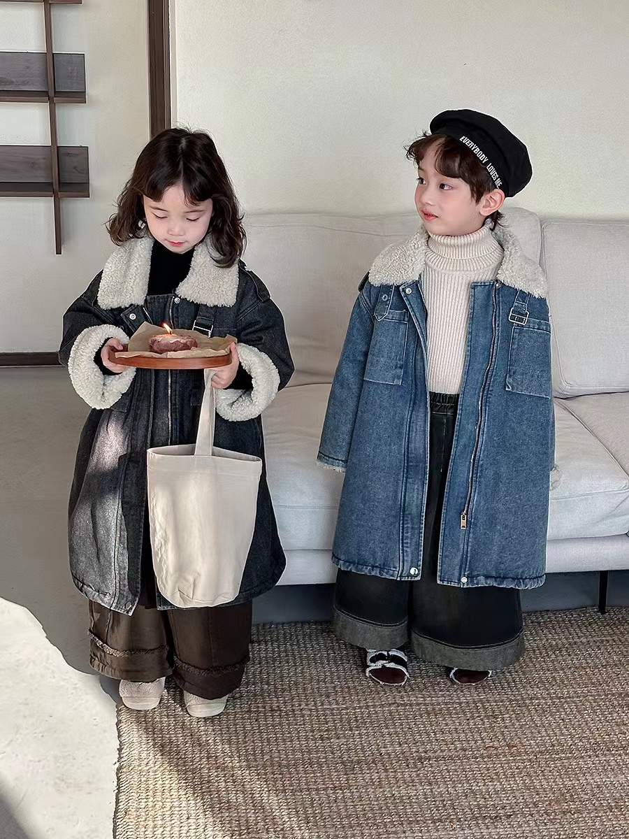 2025冬季新品韩版男女童加绒加厚款牛仔长款大衣外套jy2450