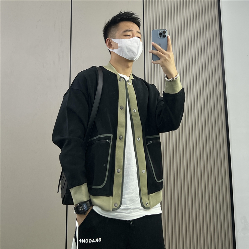 立领开衫外套男士美式拼接撞色青年痞帅百搭夹克棒球服休闲男外套