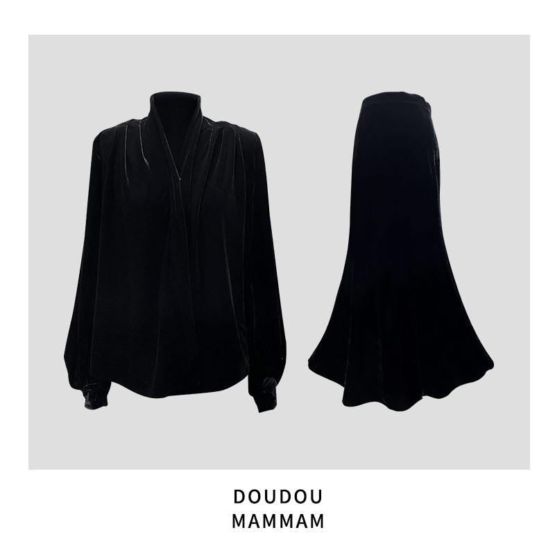 气质轻奢女士秋冬黑色时尚小众设计师丝绒套装