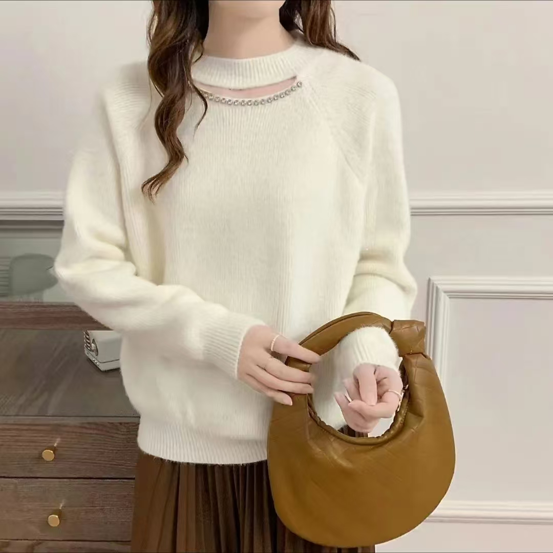 大码胖mm打底钉珠镂空厚款显瘦针织长袖时尚百搭宽松毛衣女针织衫