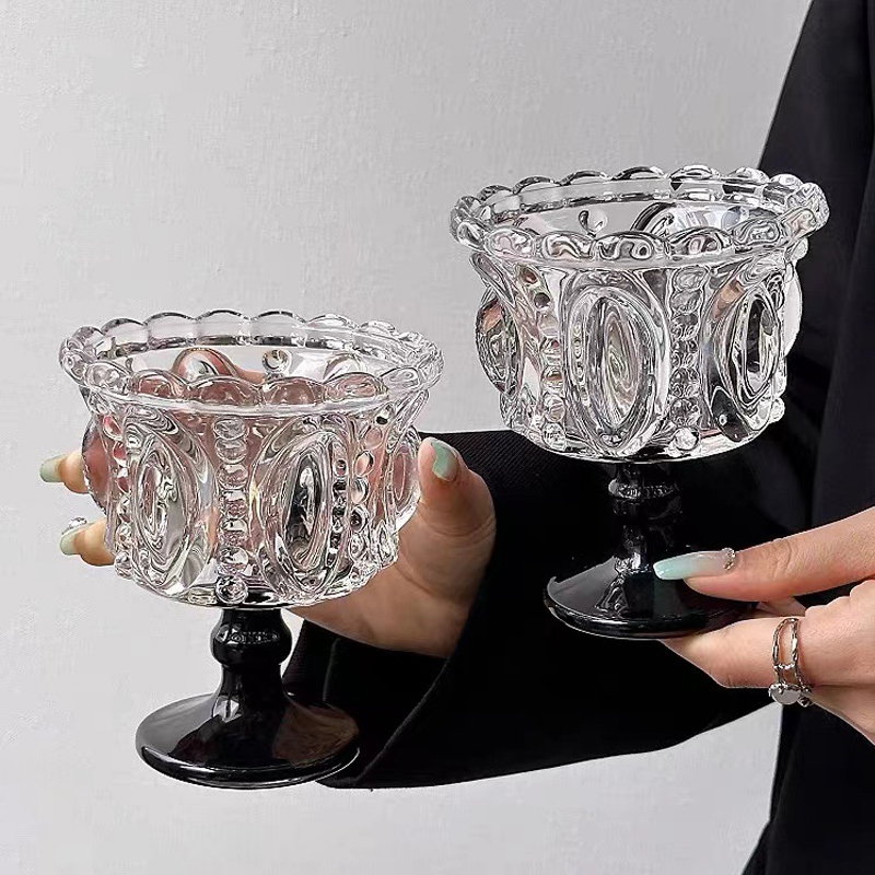 小众轻奢复古黑色水晶冰淇淋高脚杯高颜值浮甜品杯家用饮品杯子