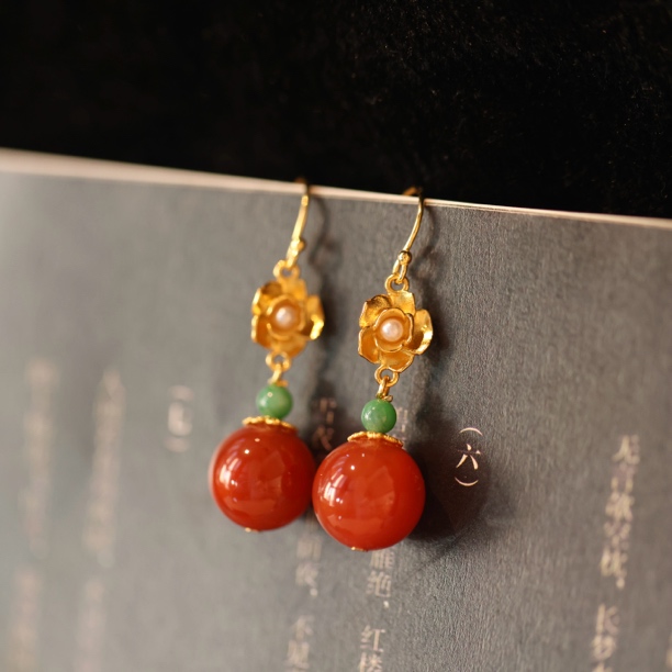 扶光落·银镶南红圆珠耳坠SY