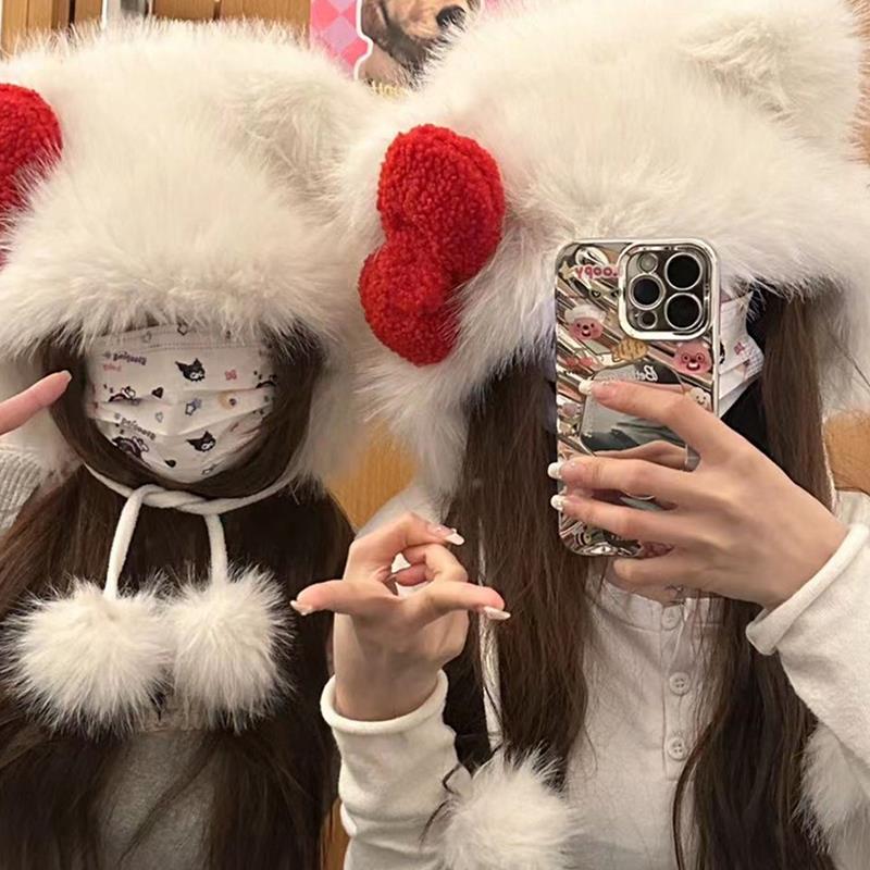 hellokitty猫毛绒帽子蝴蝶结毛茸茸可爱甜美少女心百搭保暖冬季女