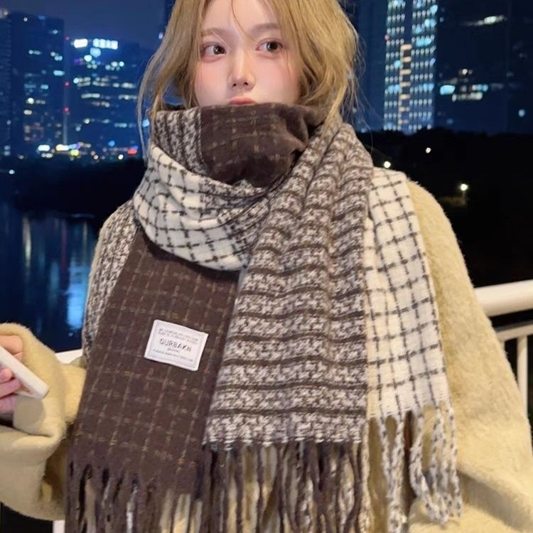 韩系高级感拼色格子围巾女冬季百搭气质加厚显白披肩两用情侣围脖