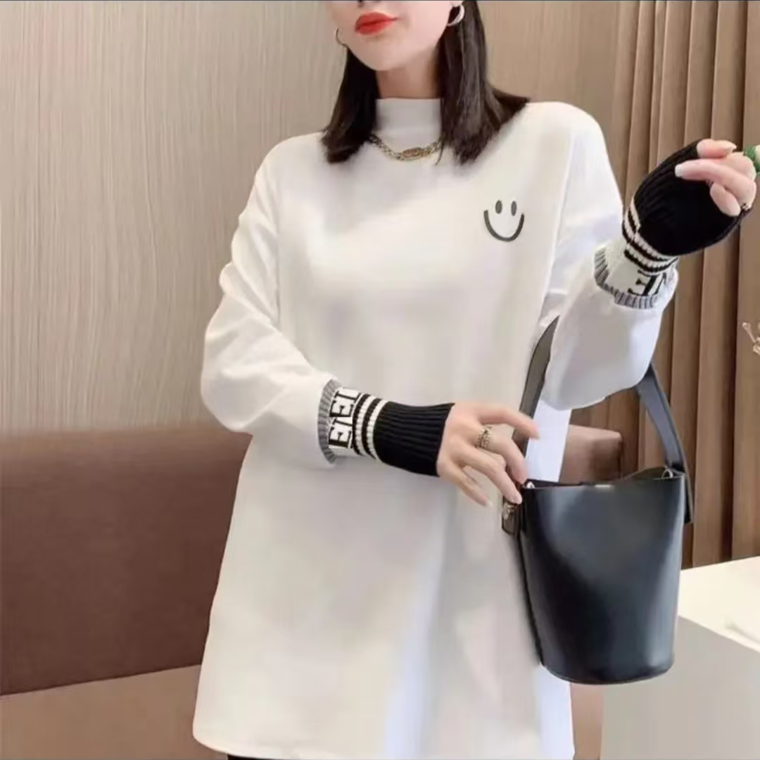 新款韩国休闲打底衫宽松加绒百搭圆领中长款长袖恤女半高领卫衣