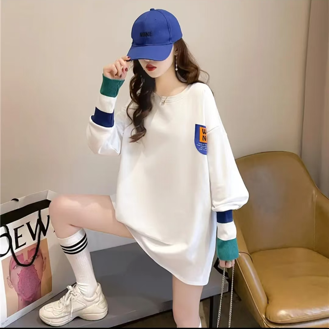 新款韩版圆领拼接长袖T恤女秋冬加绒时尚宽松中长款百搭打底衫