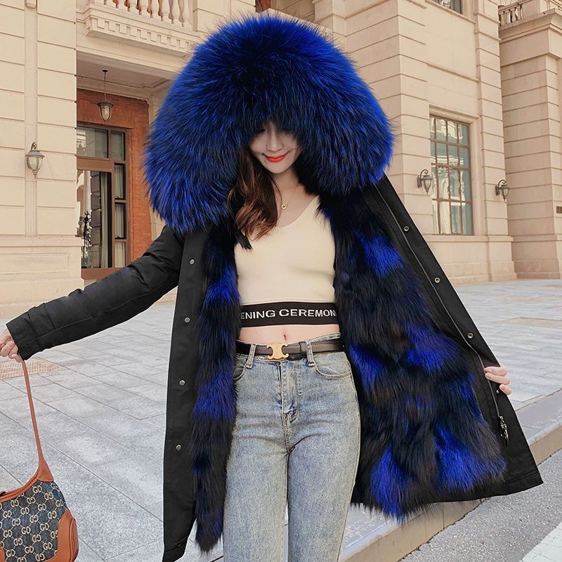 女士狐狸毛内胆中长款可拆卸内胆冬天保暖韩版派克服冬季大毛领