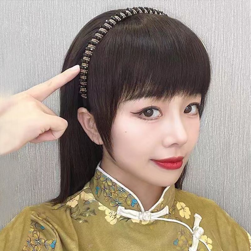 刘海人发女一体补头块水钻发箍刘海片头顶遮盖白头无痕隐形一体式