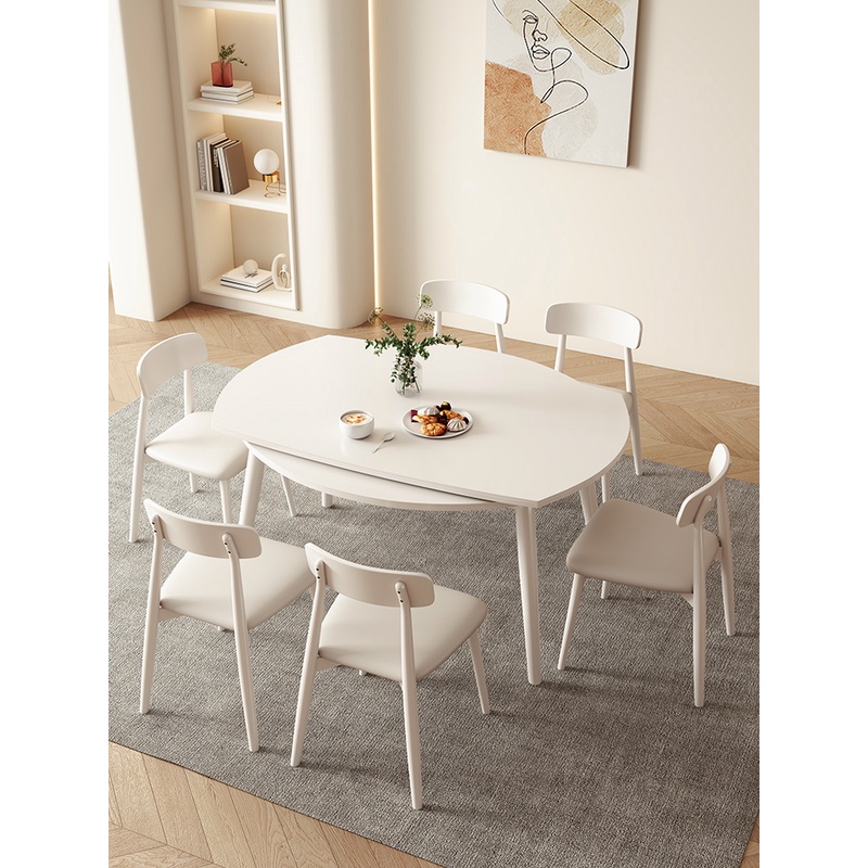 南方生活实木岩板伸缩餐桌家用小户型奶油风圆形折叠方桌可变圆桌