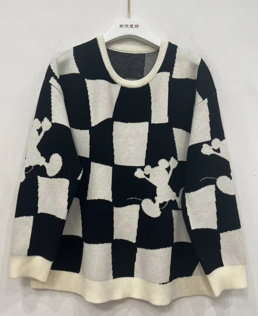 圆领黑白格子套头针织衫QH6241