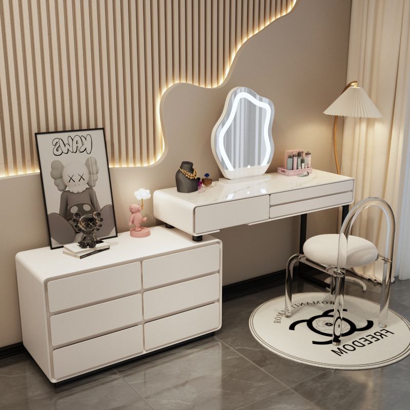 奶油风实木岩板梳妆台卧室现代简约收纳柜转角斗柜伸缩一体化妆桌