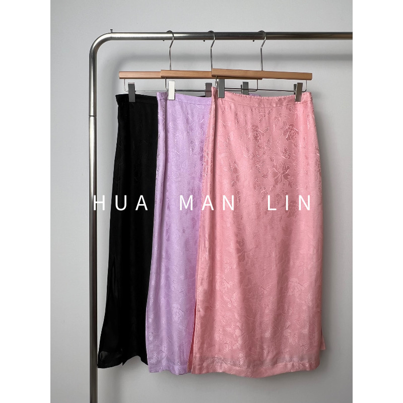 【花滿林】‘蝶恋花’后松紧侧开叉粉色花罗真丝桑蚕丝裙子8769