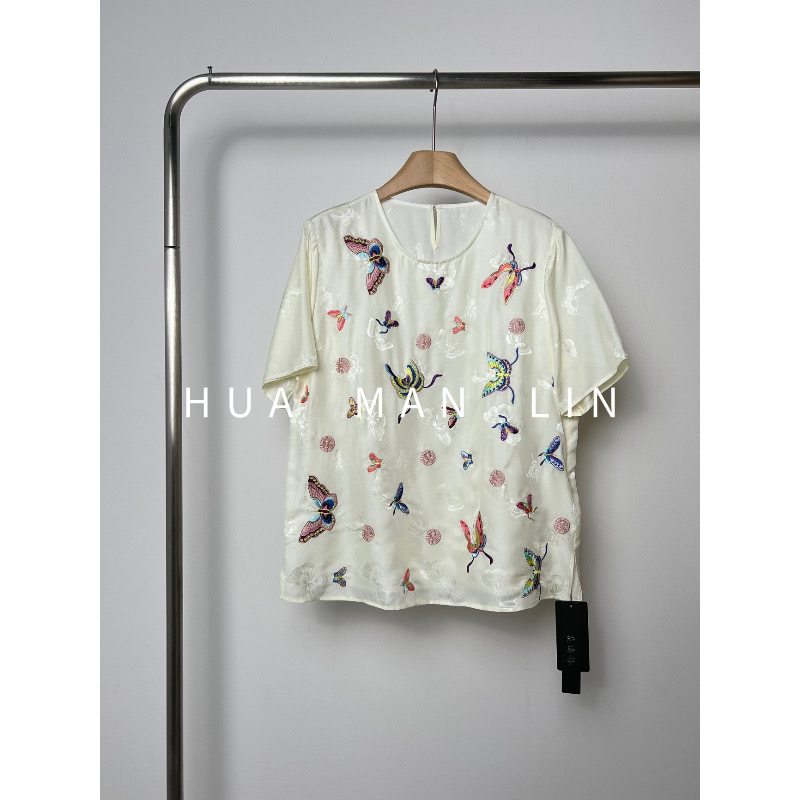 花滿林‘百蝶图’圆领重工蝴蝶花罗真丝桑蚕丝短袖上衣8860