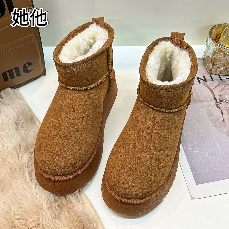 【万达撤柜】加绒加厚防滑保暖牛反绒短筒雪地靴厚底休闲加绒雪地靴
