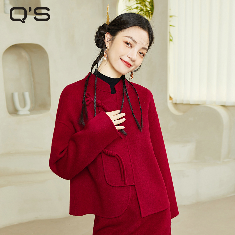 秸熙冬季新款小个子红色双面呢短款大衣新中式气质显瘦外套3XD2A7