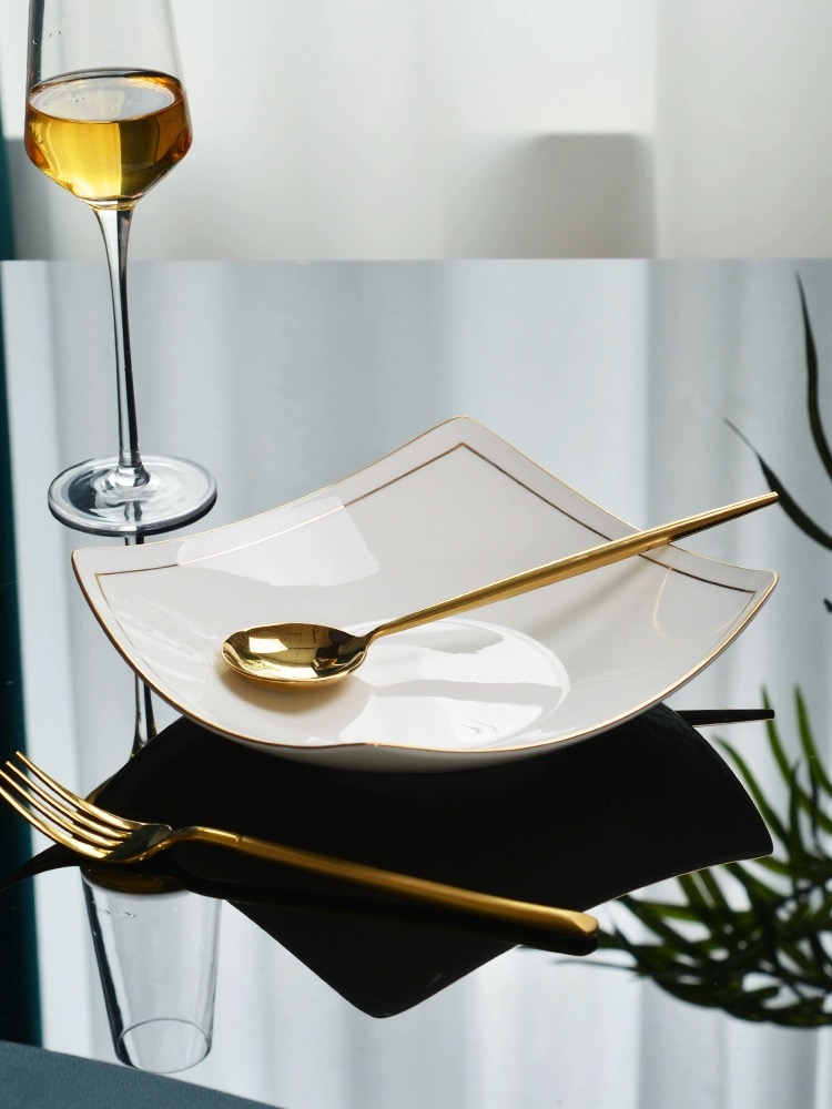 景德镇骨质瓷8英寸贵龙深盘轻奢简约方盘菜盘汤盘高档家用餐具