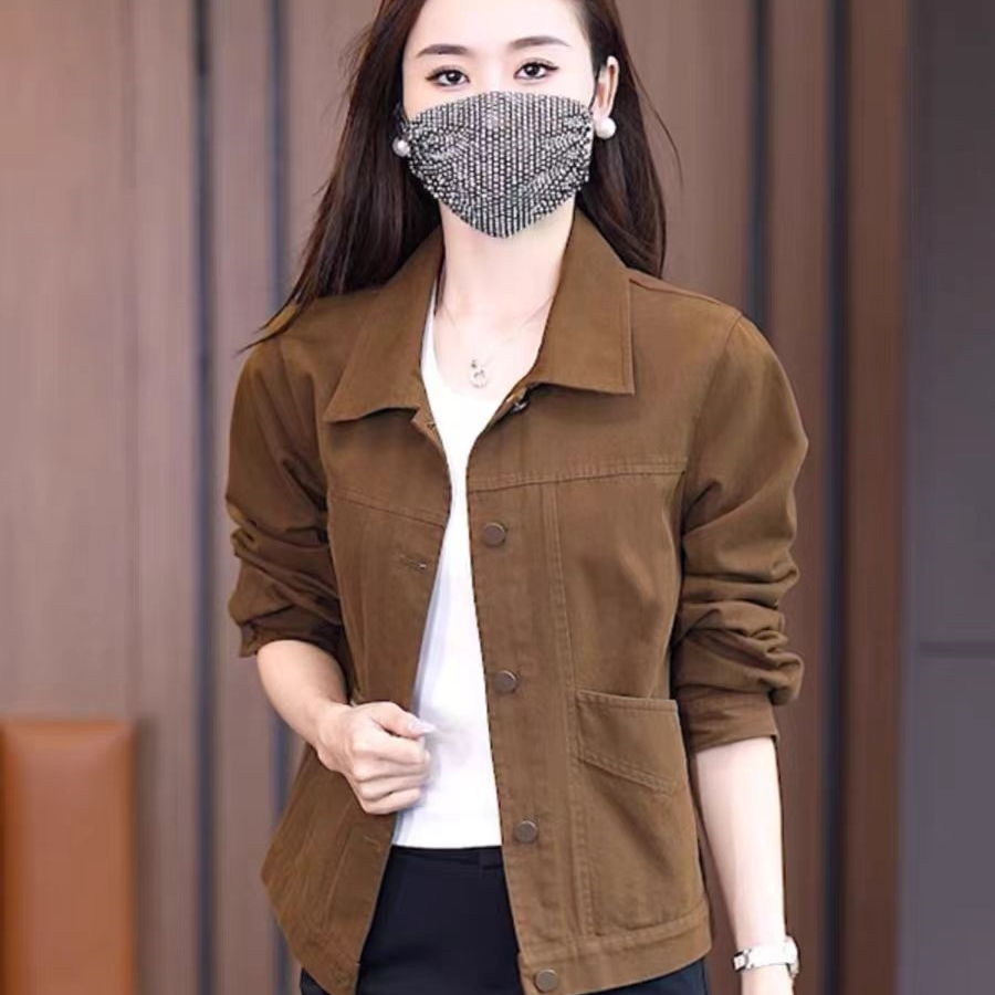 秋季纯棉短外套宽松妈妈装韩版长袖牛仔棉洋气休闲百搭翻领外套