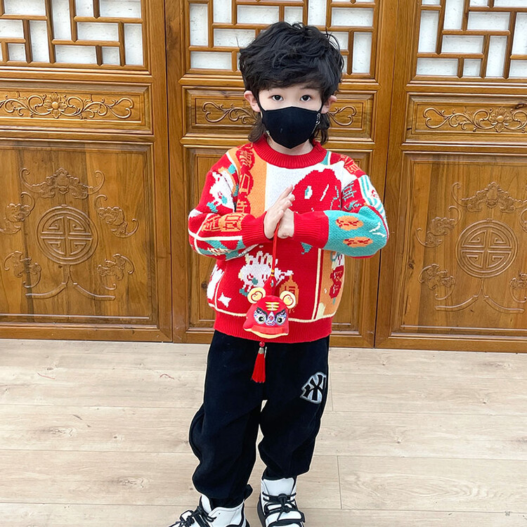 男童毛衣冬季2023新款儿童中国风龙年过年红色加厚打底衫小童秋冬