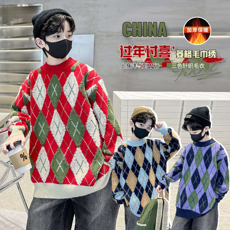 男童冬季加厚毛衣圣诞2023新款儿童针织衫套头打底线衣中大童时髦